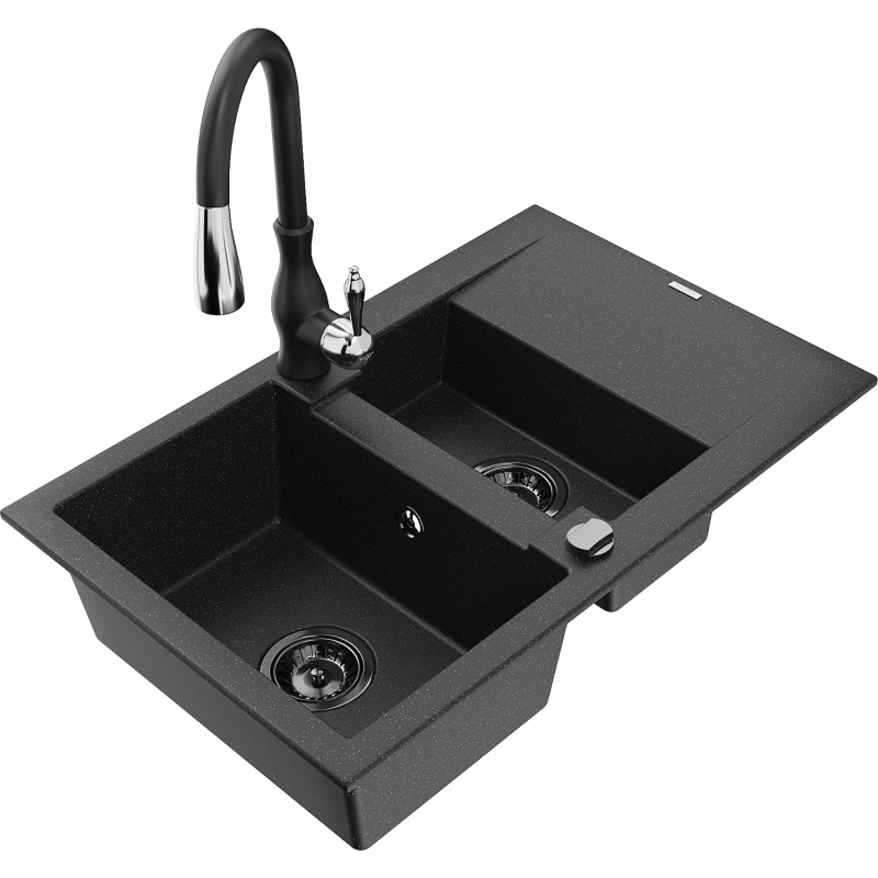Mexen Gaspar 1.5-compartment granite sink with a drip tray and kitchen mixer tap Savita, Black/Silver - 6507-73-672601-70-B