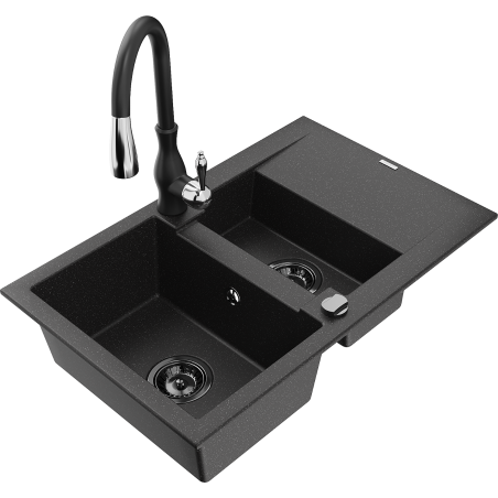 Mexen Gaspar 1.5-compartment granite sink with a drip tray and kitchen mixer tap Savita, Black/Silver - 6507-73-672601-70-B