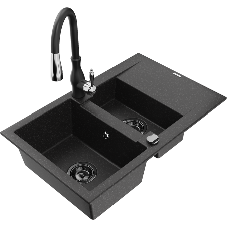 Mexen Gaspar granite sink 1.5-bowl with drainer and Savita kitchen faucet, black/silver - 6507-73-672601-70-B