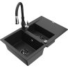 Mexen Gaspar 1.5-compartment granite sink with a drip tray and kitchen mixer tap Savita, Black/Silver - 6507-73-672601-70-B