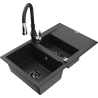 Mexen Gaspar granite sink 1.5-bowl with drainer and Savita kitchen faucet, black/silver - 6507-73-672601-70-B