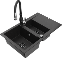 Mexen Gaspar granite sink 1.5-bowl with drainer and Savita kitchen faucet, black/silver - 6507-73-672601-70-B