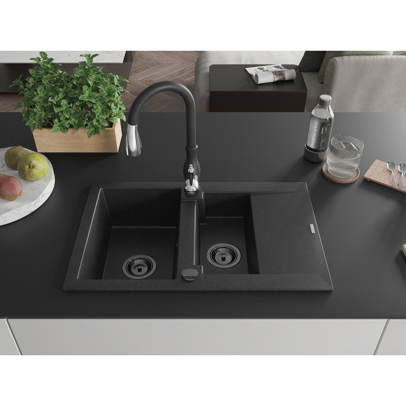Mexen Gaspar granite sink 1.5-bowl with drainer and Savita kitchen faucet, black/silver - 6507-73-672601-70-B