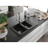Mexen Gaspar granite sink 1.5-bowl with drainer and Savita kitchen faucet, black/gold - 6507-75-672601-00