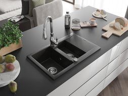 Mexen Gaspar granite sink 1.5-bowl with drainer and Savita kitchen faucet, black/gold - 6507-75-672601-00