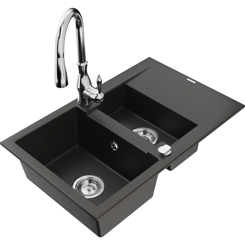 Mexen Gaspar 1.5-compartment granite sink with a drip tray and kitchen mixer tap Savita, Black/Gold - 6507-75-672601-00