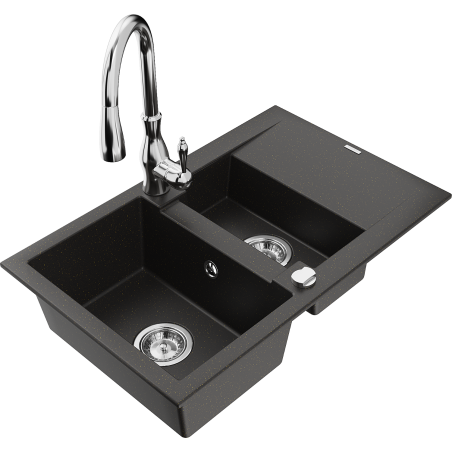 Mexen Gaspar 1.5-compartment granite sink with a drip tray and kitchen mixer tap Savita, Black/Gold - 6507-75-672601-00