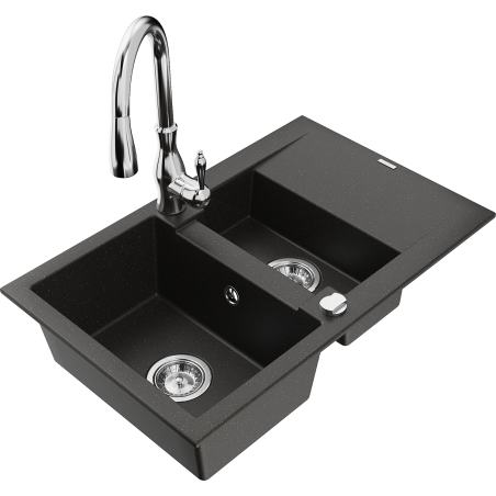 Mexen Gaspar granite sink 1.5-bowl with drainer and Savita kitchen faucet, black/gold - 6507-75-672601-00