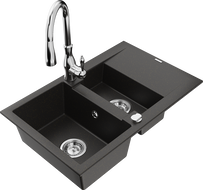 Mexen Gaspar 1.5-compartment granite sink with a drip tray and kitchen mixer tap Savita, Black/Gold - 6507-75-672601-00