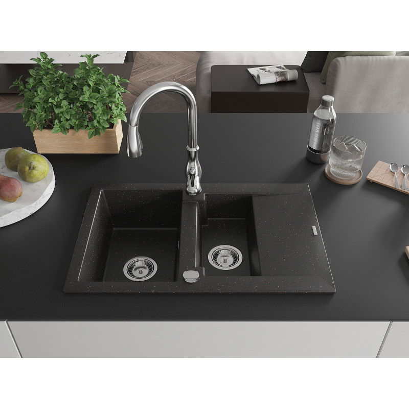 Mexen Gaspar 1.5-bowl granite sink with drainer and Savita kitchen tap, black/gold - 6507-75-672601-00
