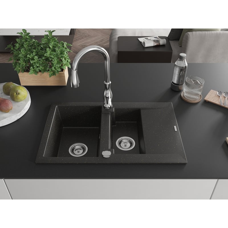 Mexen Gaspar granite sink 1.5-bowl with drainer and Savita kitchen faucet, black/gold - 6507-75-672601-00