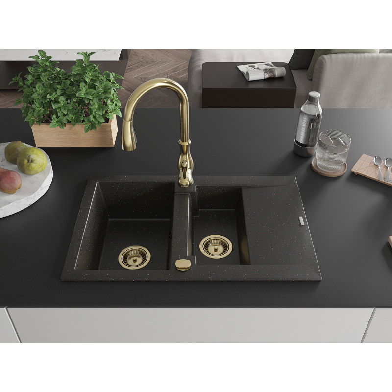 Mexen Gaspar granite sink 1.5-bowl with drainer and Savita kitchen tap, black/gold - 6507-75-672601-50