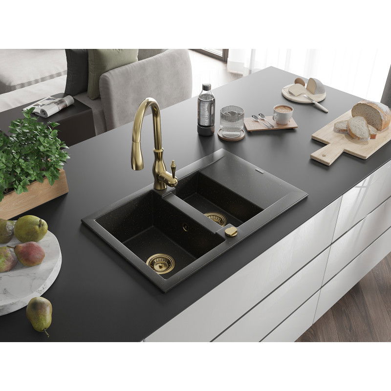 Mexen Gaspar granite sink 1.5-bowl with drainer and Savita kitchen tap, black/gold - 6507-75-672601-50