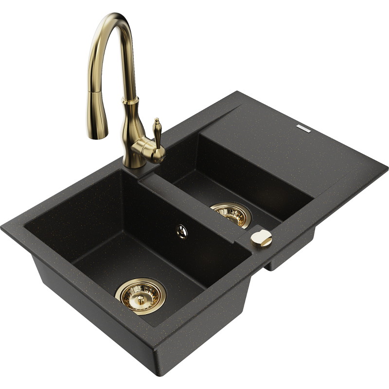 Mexen Gaspar 1.5-bowl granite sink with drainer and Savita kitchen faucet, black/gold - 6507-75-672601-50