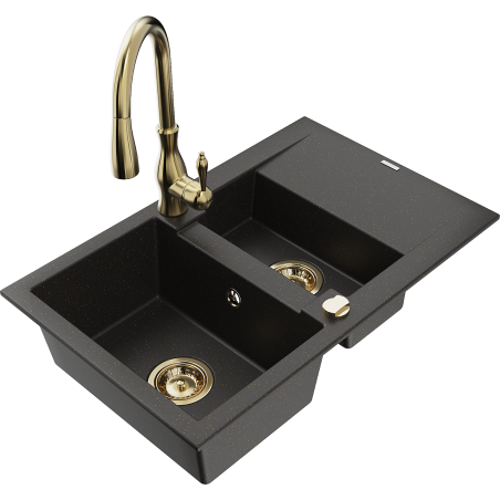 Mexen Gaspar 1.5-bowl granite sink with drainer and Savita kitchen faucet, black/gold - 6507-75-672601-50