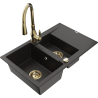 Mexen Gaspar 1.5-bowl granite sink with drainer and Savita kitchen faucet, black/gold - 6507-75-672601-50