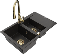Mexen Gaspar granite kitchen sink 1.5-bowl with drainer and Savita kitchen faucet, black/gold - 6507-75-672601-50