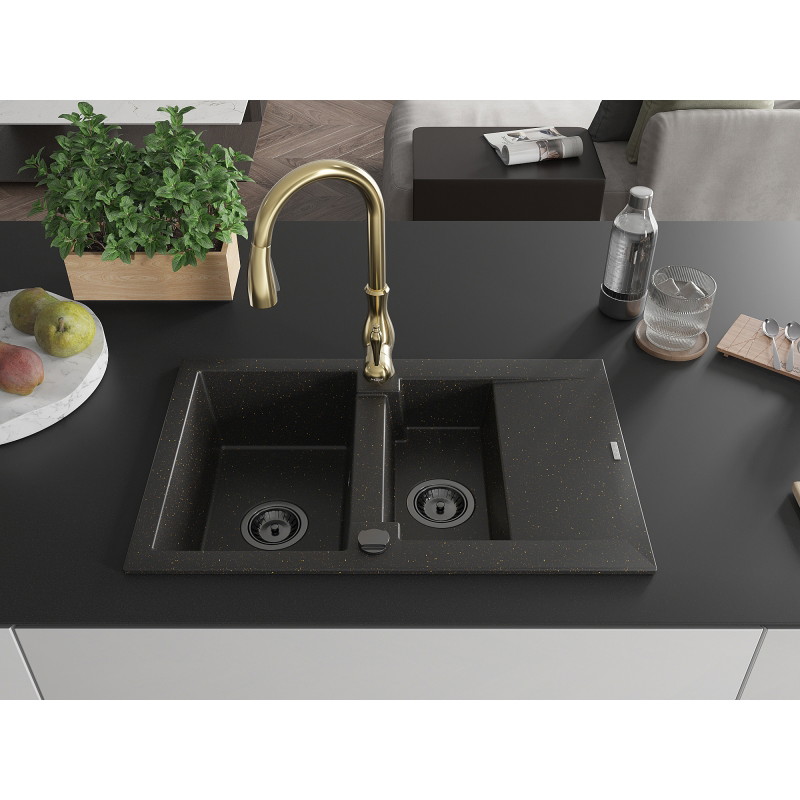 Mexen Gaspar granite sink 1.5-bowl with drainer and Savita kitchen faucet, black/gold - 6507-75-672601-50-B