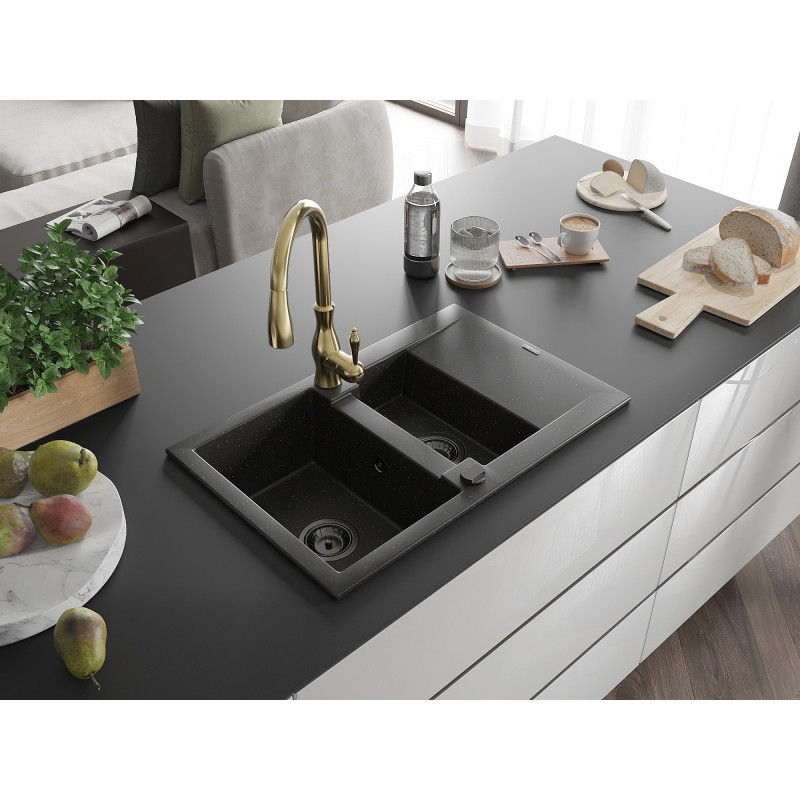 Mexen Gaspar granite sink 1.5-bowl with drainer and Savita kitchen faucet, black/gold - 6507-75-672601-50-B