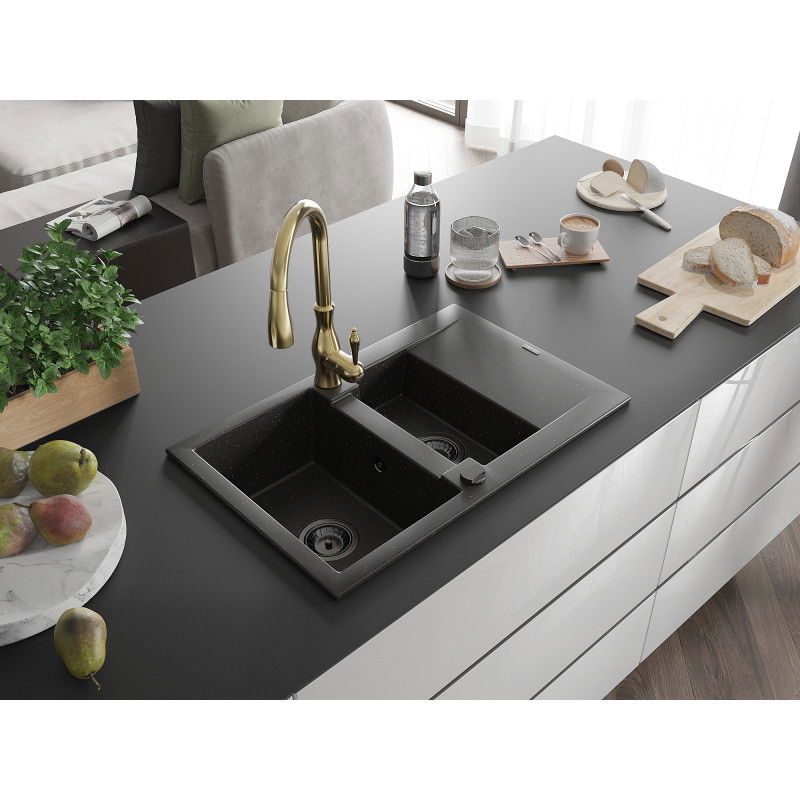 Mexen Gaspar granite sink 1.5-bowl with drainer and Savita kitchen tap, black/gold - 6507-75-672601-50-B