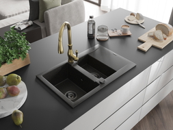 Mexen Gaspar granite sink 1.5-bowl with drainer and Savita kitchen faucet, black/gold - 6507-75-672601-50-B
