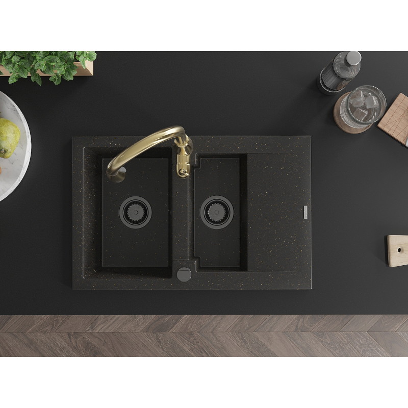 Mexen Gaspar granite sink 1.5-bowl with drainer and Savita kitchen faucet, black/gold - 6507-75-672601-50-B