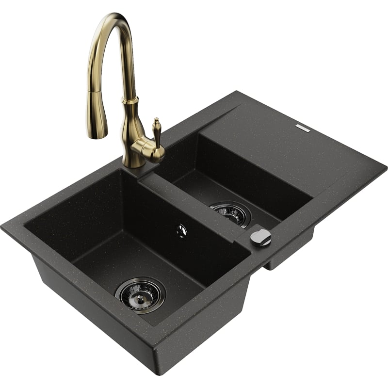 Mexen Gaspar granite sink 1.5-bowl with drainer and Savita kitchen faucet, black/gold - 6507-75-672601-50-B