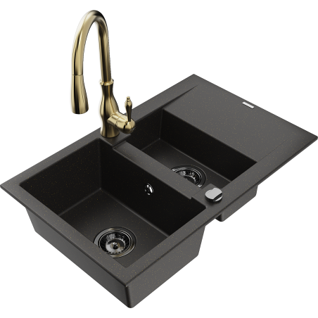 Mexen Gaspar granite sink 1.5-bowl with drainer and Savita kitchen faucet, black/gold - 6507-75-672601-50-B