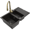 Mexen Gaspar granite sink 1.5-bowl with drainer and Savita kitchen faucet, black/gold - 6507-75-672601-50-B