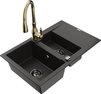 Mexen Gaspar granite sink 1.5-bowl with drainer and Savita kitchen faucet, black/gold - 6507-75-672601-50-B