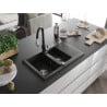 Mexen Gaspar granite sink 1.5-bowl with drainer and Savita kitchen faucet, black/gold - 6507-75-672601-70
