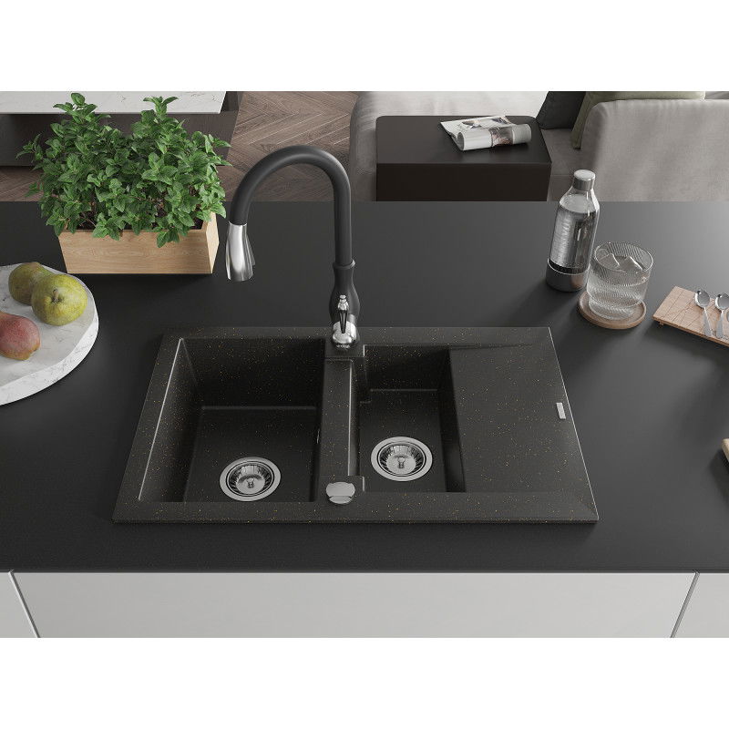 Mexen Gaspar granite sink 1.5-bowl with drainer and Savita kitchen tap, black/gold - 6507-75-672601-70