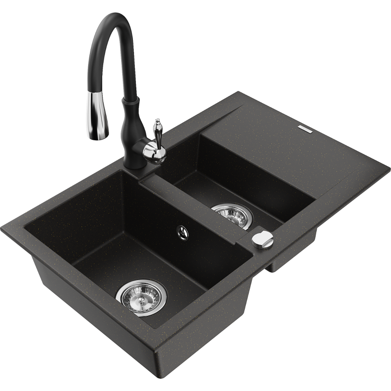 Mexen Gaspar 1.5-compartment granite sink with a drip tray and kitchen mixer tap Savita, Black/Gold - 6507-75-672601-70