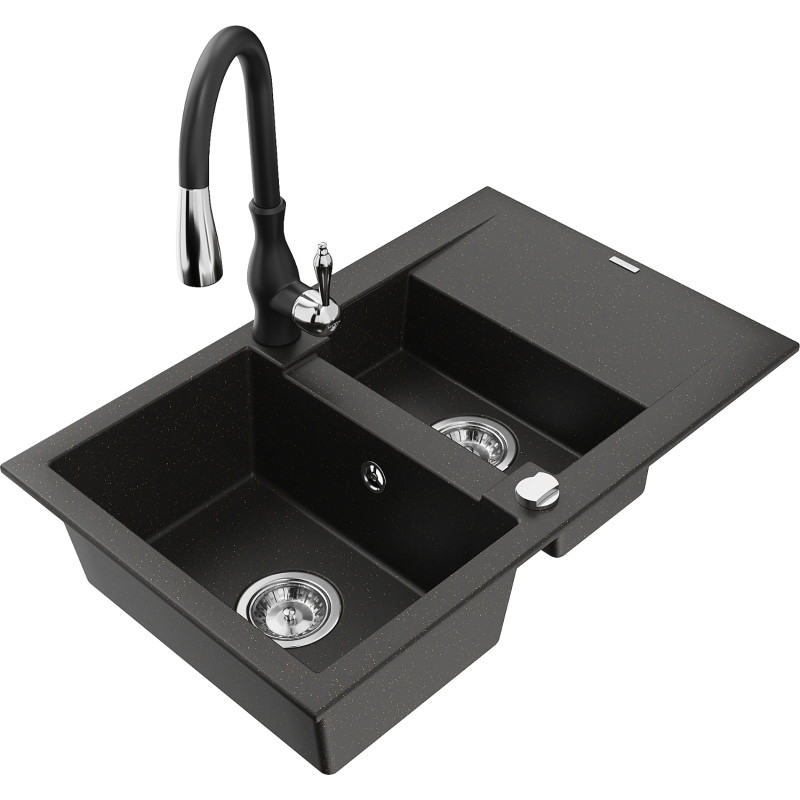 Mexen Gaspar granite sink 1.5-bowl with drainer and kitchen faucet Savita, black/gold - 6507-75-672601-70