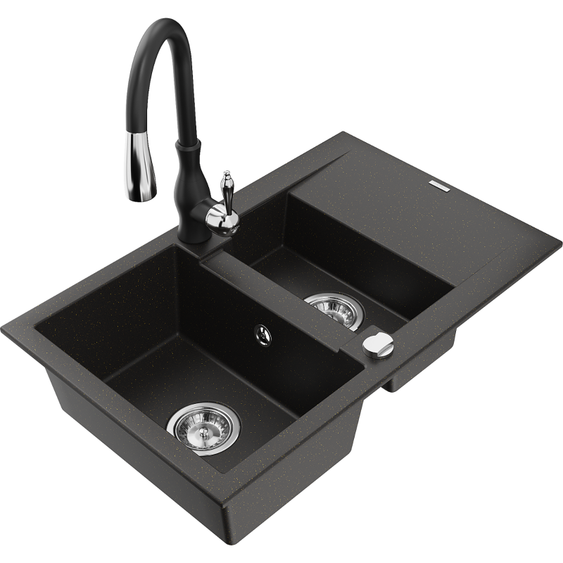 Mexen Gaspar granite sink 1.5-bowl with drainer and Savita kitchen tap, black/gold - 6507-75-672601-70