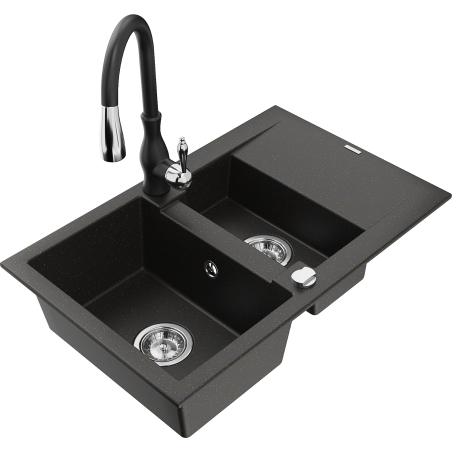 Mexen Gaspar 1.5-compartment granite sink with a drip tray and kitchen mixer tap Savita, Black/Gold - 6507-75-672601-70