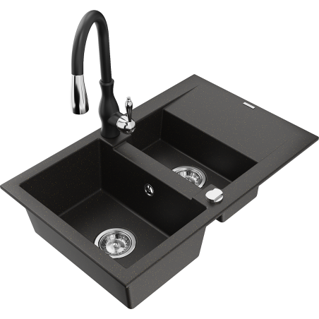 Mexen Gaspar granite sink 1.5-bowl with drainer and Savita kitchen tap, black/gold - 6507-75-672601-70