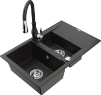 Mexen Gaspar 1.5-compartment granite sink with a drip tray and kitchen mixer tap Savita, Black/Gold - 6507-75-672601-70