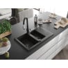 Mexen Gaspar granite sink 1.5-bowl with drainer and Savita kitchen faucet, black/gold - 6507-75-672601-70-B