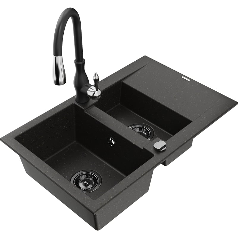 Mexen Gaspar granite sink 1.5-bowl with drainer and Savita kitchen faucet, black/gold - 6507-75-672601-70-B