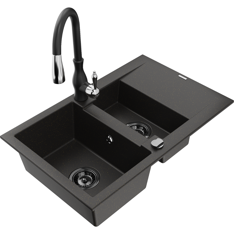 Mexen Gaspar granite sink 1.5-bowl with drainer and Savita kitchen tap, black/gold - 6507-75-672601-70-B