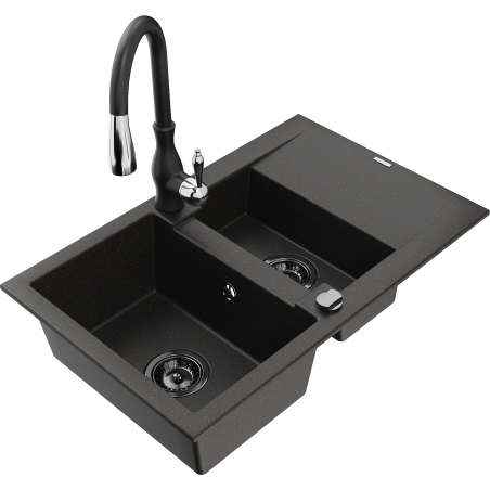 Mexen Gaspar 1.5-bowl granite sink with drainer and Savita kitchen faucet, black/gold - 6507-75-672601-70-B