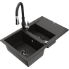 Mexen Gaspar 1.5-bowl granite sink with drainer and Savita kitchen faucet, black/gold - 6507-75-672601-70-B