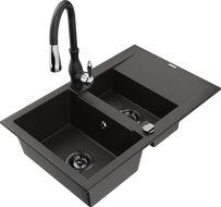 Mexen Gaspar 1.5-bowl granite sink with drainer and Savita kitchen faucet, black/gold - 6507-75-672601-70-B