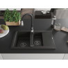 Mexen Gaspar granite sink 1.5-bowl with drainer and Savita kitchen faucet, black/gold - 6507-75-672601-70-B
