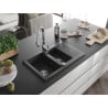 Mexen Gaspar 1.5-compartment granite sink with a drip tray and kitchen mixer tap Savita, spotted black - 6507-76-672601-00