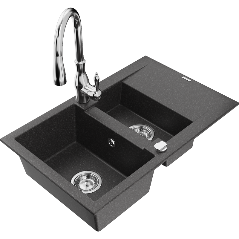 Mexen Gaspar granite sink 1.5-bowl with drainer and Savita kitchen tap, black spotted - 6507-76-672601-00