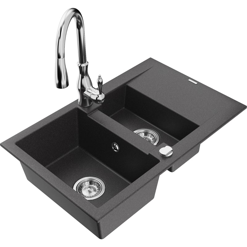 Mexen Gaspar granite sink with 1.5 basin, drainer and Savita kitchen faucet, speckled black - 6507-76-672601-00