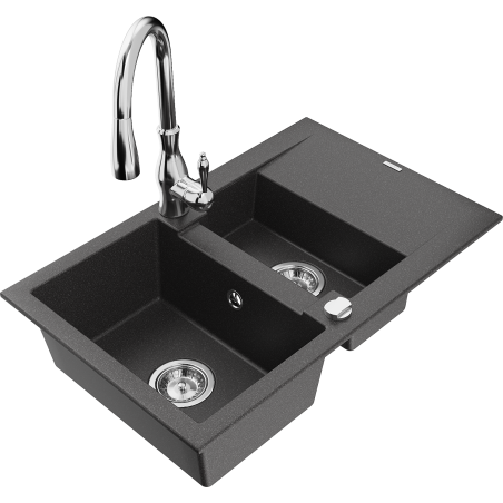 Mexen Gaspar 1.5-bowl granite sink with drainer and Savita kitchen faucet, speckled black - 6507-76-672601-00