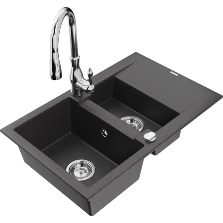 Mexen Gaspar granite sink with 1.5 basin, drainer and Savita kitchen faucet, speckled black - 6507-76-672601-00